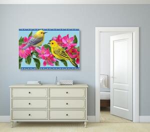 Obraz vtáčiky a kvety vo vintage prevedení - 60x40