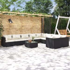 Maison Exclusive – 10-dielna záhradná súprava s vankúšmi z polyrotangu, čierna