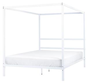 Rám postele s baldachýnom biely kov 160 x 200 cm dvojlôžko preglejkové lamely industriálny minimalistický štýl spálňa