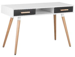 Písací stôl biely 120 x 45 cm 2 sivé zásuvky police nohy z masívneho dreva škandinávsky dizajn