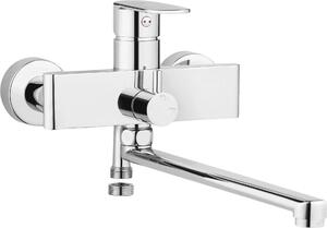 Wall-mounted washbasin and bath mixer with extended spout - hose connection