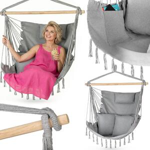 Outtec® Závesné kreslo s 3 vankúšmi - 100x130x75cm, do 140 kg - Boho kreslo s strapcami, beanbag, hojdačka pre exteriér, záhradu, balkón, domácnosť - sivá