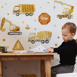 Detská nálepka na stenu Stavba - miešačka, bager, buldozér a nákladné auto Rozmery: 105 x 100 cm