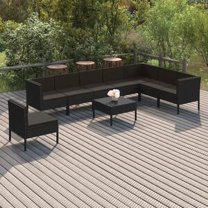 Maison Exclusive – 9-dielna záhradná súprava s vankúšmi z polyrotangu v čiernej farbe
