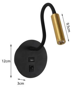 Brilagi -LED Flexibilná nástenná lampa s USB portom MAYA LED/3W/230V čierna/zlatá