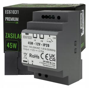 ECOLIGHT Napájanie na DIN lištu - 12V 45W 3,75A pre IP20 PREMIUM LED pásik