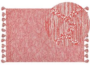 Koberec červená biela bavlna 160 x 230 cm geometrický vzor obdĺžnikový tvar ručne všívaný so strapcami obývačka spálňa