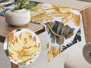 Biante Bavlnený behúň na stôl Sandra SA-388 Sivozelené a zlaté tropické listy na bielom 20x180 cm