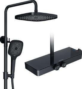Sprchový systém Rainsworth s termostatom a sklenenou poličkou čierny - sprchová batéria kompletná sada s dažďovou sprchou 26 x 26 cm, ručnou sprchou 3 režimy prúdu a spodným výtokom - sprchová sada dažďová sprcha s batériou