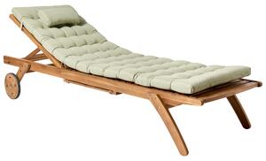 Záhradné ležadlo so svetlozelenou poduškou a kolieskami svetlé akáciové drevo nastaviteľné operadlo vysúvací stolík