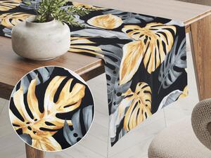 Biante Bavlnený behúň na stôl Sandra SA-228 Sivé a zlaté tropické listy na čiernom 35x120 cm