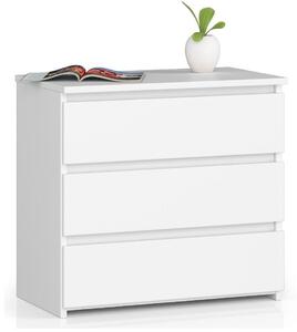 Komoda s 3 zásuvkami 60 cm široká drevená príborníková doska do predsiene spálne obývacej izby organizér do detskej izby, výška 57 cm, biela