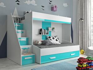 Detská poschodová posteľ s úložným priestorom Derry - biela/tyrkys