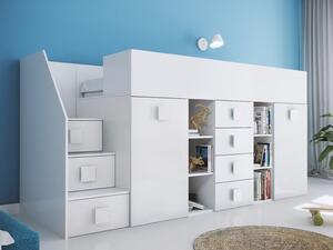Detská poschodová posteľ s úložným priestorom a písacím stolom Willy - biela ľavá