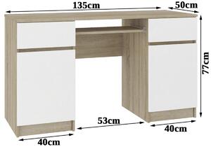 Ak furniture Písací stôl A5 135 cm dub sonoma/biely