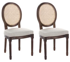 Sada 2 jedálenských stoličiek tmavohnedá béžová látkové čalúnenie drevený rám ratanový výplet francúzsky vintage shabby chic štýl kuchyňa
