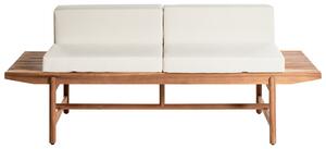 Záhradná lavica svetlé akáciové drevo 210 x 84 cm s vankúšmi krémová biela moderný rustikálny štýl exteriér terasa balkón