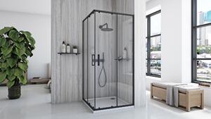 Rea City, sprchovací kút s posuvnými dverami 80x80cm, 5/4mm číre sklo, čierny matný profil + čierna sprchová vanička Savoy, KPL-K7448