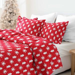 Goldea vianočné bavlnené posteľné obliečky - vločky a stromčeky na červenom 140 x 200 a 70 x 90 cm
