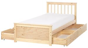 Posteľ svetlohnedá borovicové drevo MDF 90 x 200 cm s čelom úložný priestor 4 zásuvky minimalistický škandinávsky štýl spálňa detská izba
