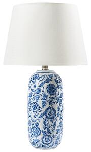 Stolná lampa biela a modrá porcelánový podstavec ľanové tienidlo kvetovaný vzor obývacia izba spálňa osvetlenie