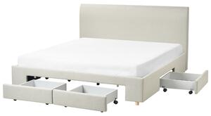 Čalúnená posteľ s úložným priestorom béžová látkové čalúnenie 180 x 200 cm so zásuvkami moderný škandinávsky dizajn