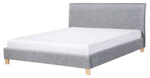 Posteľ sivá látkové čalúnenie 160 x 200 cm nohy zo svetlého dreva lamelový rošt s čelom moderný škandinávsky štýl spálňa