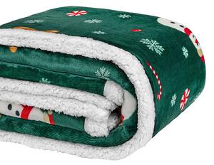 Vianočná tmavozelená baránková deka z mikroplyšu SNEHULÁK A PERNÍČEK Rozmer: 160 x 200 cm