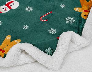 Vianočná tmavozelená baránková deka z mikroplyšu SNEHULÁK A PERNÍČEK Rozmer: 160 x 200 cm