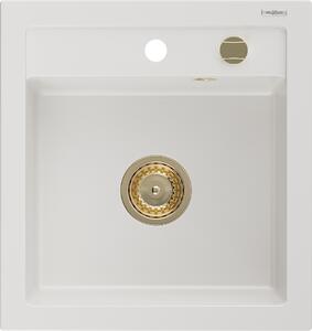 Mexen Vito, granitový drez 520x490x210 mm, 1-komorový, biela so zlatým sifónom, 6503521000-20-G