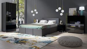 Spálňová zostava s posteľou 160x200 cm CHEMUNG - čierna / lesklá čierna / šedá ekokoža