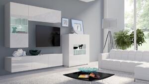 Obývacia stena s LED modrým osvetlením CHEMUNG 3 - biela / lesklá biela