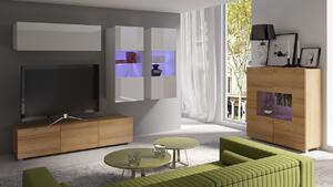 Zostava do obývacej izby s LED modrým osvetlením CHEMUNG 7 - dub zlatý / lesklá biela