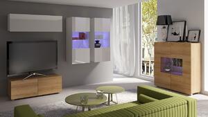 Zostava do obývacej izby s bielym LED osvetlením CHEMUNG 12 - zlatý dub / lesklá biela
