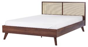 Posteľ tmavé drevo ratanové čelo 160 x 200 cm MDF rám s roštom minimalistický boho dizajn spálňa