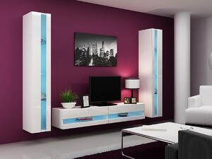 Stena do obývacej izby s LED modrým osvetlením ASHTON N3 - biela / lesklá biela