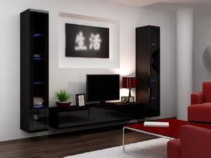 Obývacia stena s LED bielym osvetlením ASHTON 5 - čierna / lesklá čierna