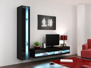 Stena do obývacej izby s LED modrým osvetlením ASHTON N8 - čierna / lesklá čierna