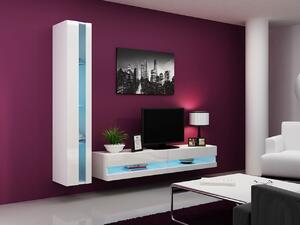 Stena do obývacej izby s LED modrým osvetlením ASHTON N8 - biela / lesklá biela