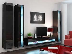 Stena do obývacej izby s LED modrým osvetlením ASHTON N6 - čierna / lesklá čierna