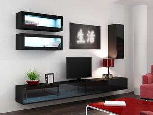 Obývacia stena s LED modrým osvetlením ASHTON 11 - čierna / lesklá čierna