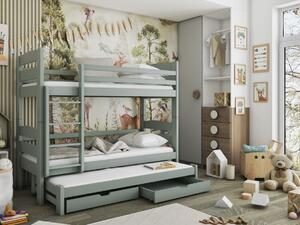 Detská poschodová posteľ z masívu CYRIL s prístelkou a šuplíkmi - 200x90 cm - ŠEDÁ
