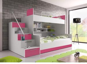 Detská poschodová posteľ 90x200 GORT - biela / ružová, ľavé prevedenie