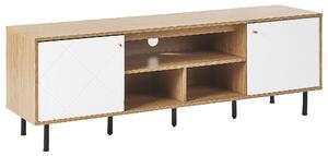TV stolík svetlé drevo biela MDF kov 160 x 56 x 40 cm 2 skrinky 3 police čierne nohy škandinávsky štýl obývačka