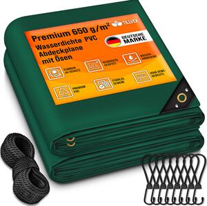 Tillvex® plachta zelená 3x5 m s očkami + 10 háčikov a 15 m lana | textilná plachta 650g/m² odolná voči vode a roztrhnutiu | prémiová PVC plachta univerzálna na nákladné autá, bazény, drevený záhradný nábytok | záhradná plachta