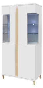 Vysoká vitrína s LED osvetlením BANTRY 2 - biela / lesklá biela / prírodná dyha