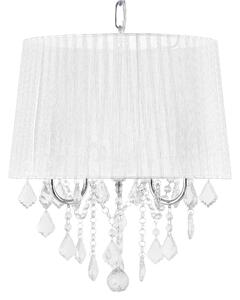 Závesná lampa biela s 3 žiarovkami biele látkové tienidlo s visiacimi kryštálikmi