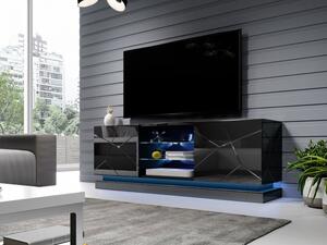 Televízny stolík s LED modrým osvetlením 160 cm LIMA - čierny / lesklý čierny