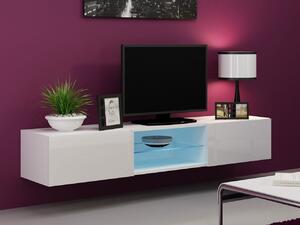 Televízny stolík so sklenenou poličkou a LED modrým osvetlením ASHTON - biely / lesklý biely