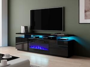 Televízny stolík s krbom a LED osvetlením SALTA - lesklý čierny / čierny